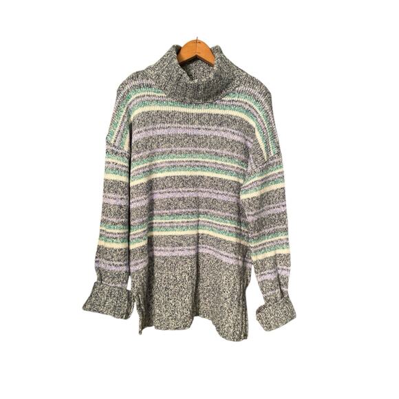 Eddie Bauer Women's M Turtleneck Cowl Sweater Green Gray Striped - Picture 1 of 4